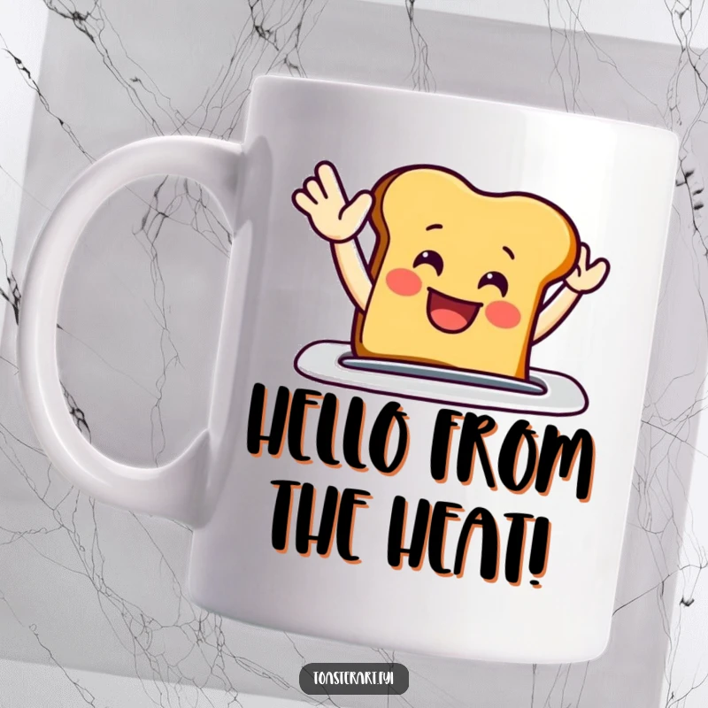 Funny mug with a grinning toast slice enthusiastically waving from a toaster slot, offering a cheerful morning greeting.