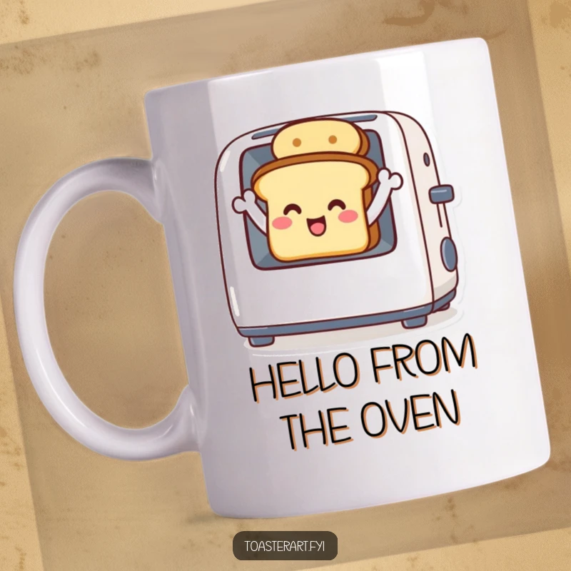Funny mug featuring a happy toast character waving from inside a toaster, a cheerful kitchen gift.