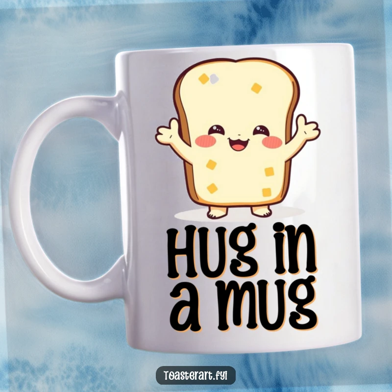 Funny Mug: A happy toast character gives a big, warm, inviting hug, spreading comfort and cheer.