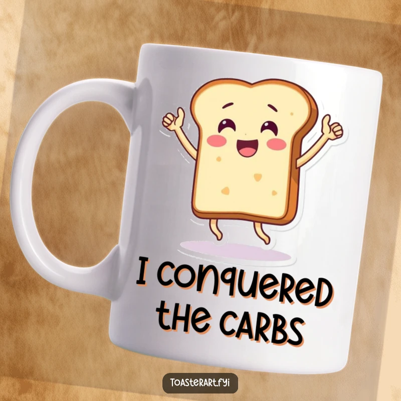 Funny mug showing a thrilled bread slice character doing a jubilant victory dance, a celebratory kitchen item.