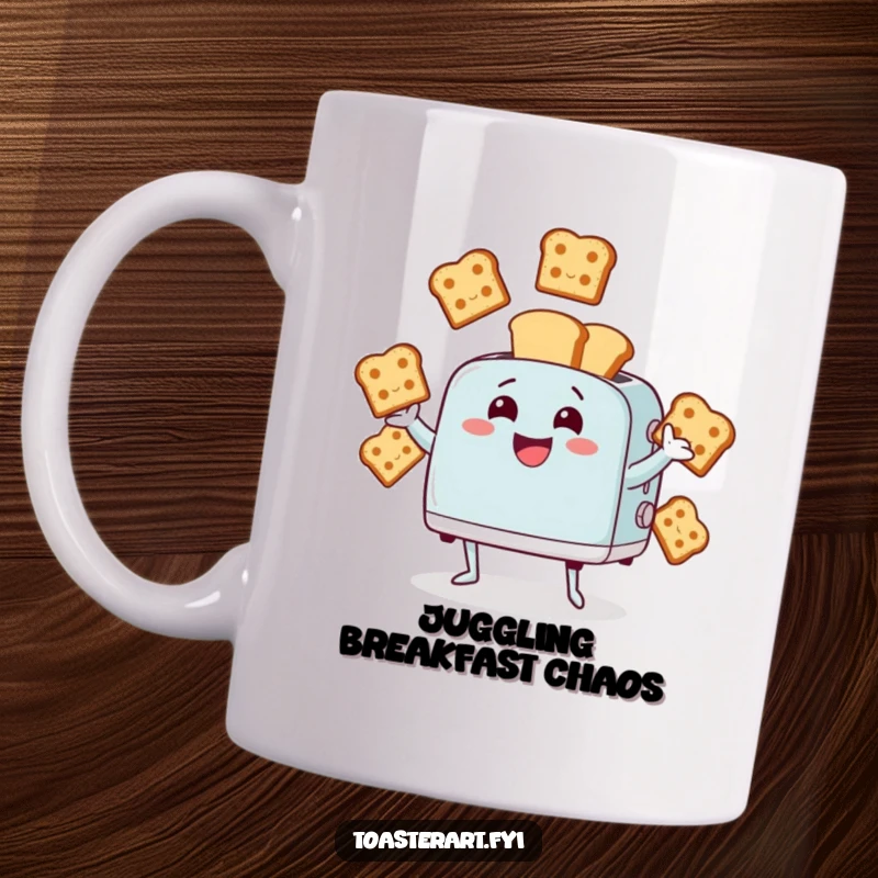 Funny mug featuring a giggling toaster character expertly juggling multiple animated bread slices. Captures a moment of breakfast fun.