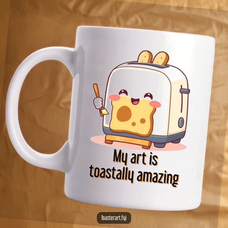 Funny mug featuring a cheerful toaster artistically painting with toast slices, showcasing a unique and humorous breakfast scene.
