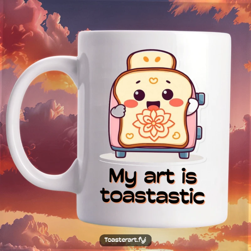 Funny mug with a cheerful toaster character playfully drawing designs on a slice of toast, showcasing kitchen art humor.