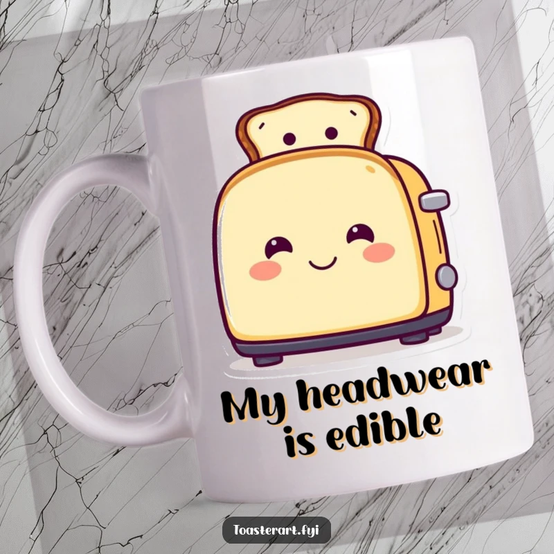 Funny mug with a smiling toaster character proudly wearing toast as a hat, a quirky and humorous breakfast accessory.