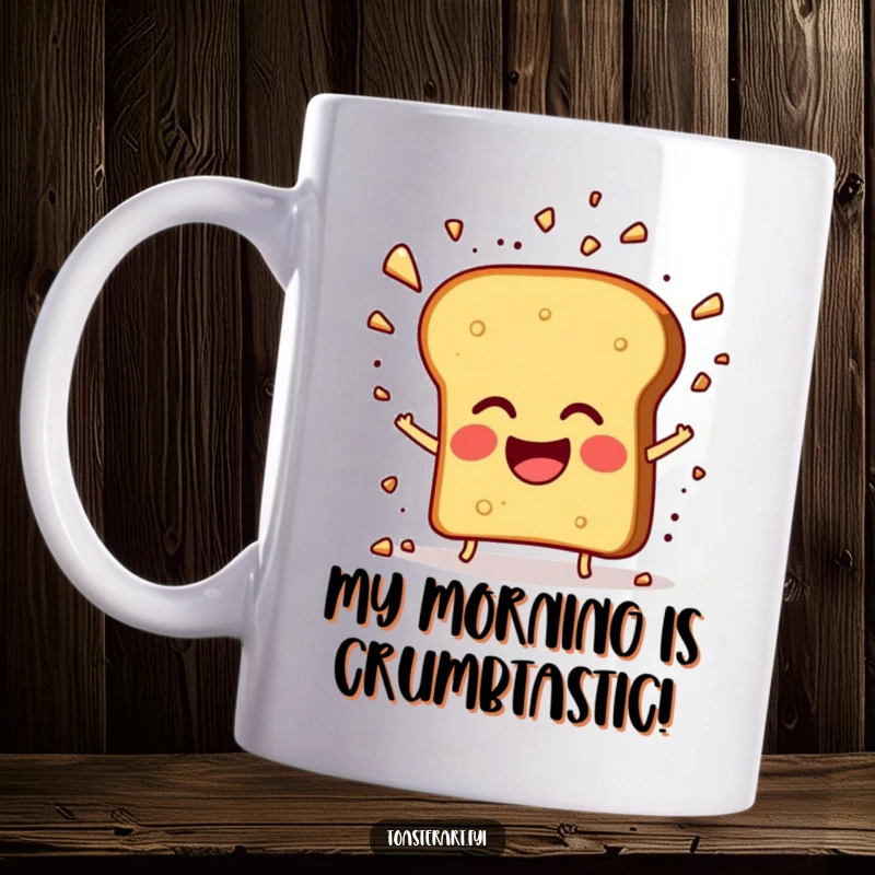Funny mug with a giggling toast character, crumbs flying happily, perfect for a cheerful breakfast and a funny gift.