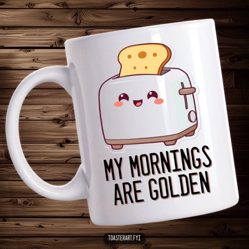 Funny mug showcasing a grinning toaster character joyfully popping up perfectly toasted bread slices, a delightful morning scene.