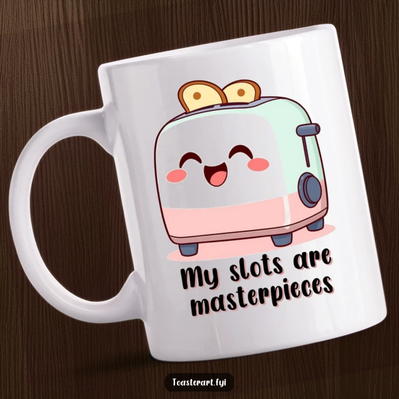 Funny mug with a giggling toaster character artistically making toast art from its glowing slots, a fun kitchen gift.