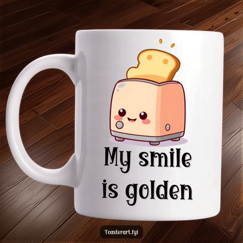 Funny happy toaster character popping up golden brown toast with a wide smile on a mug, symbolizing breakfast joy.