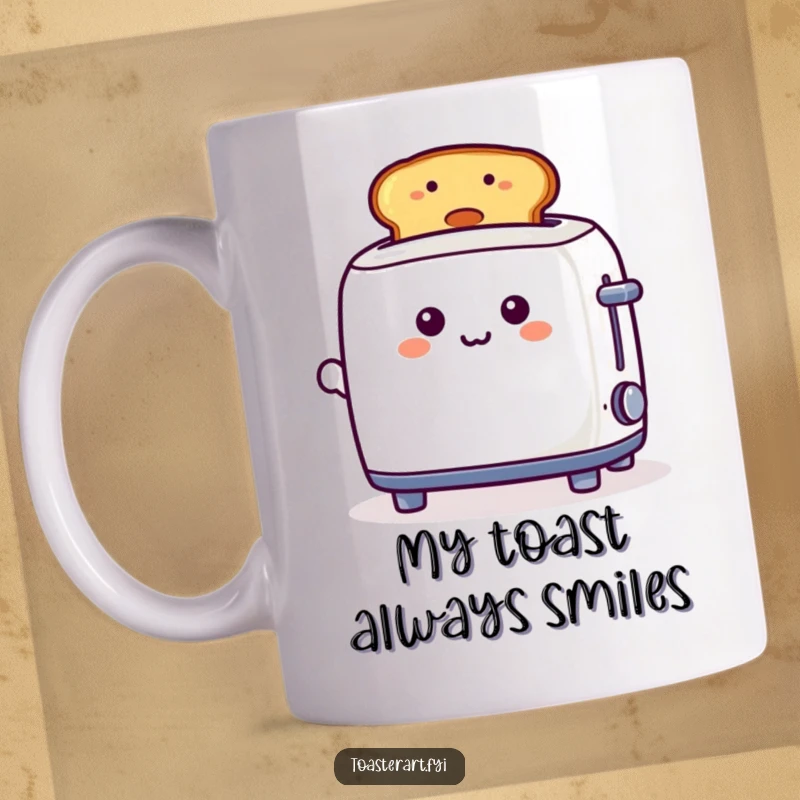 Funny, playful toaster character proudly presenting a toast with a big smiley face, featured on a mug, celebrating breakfast joy.