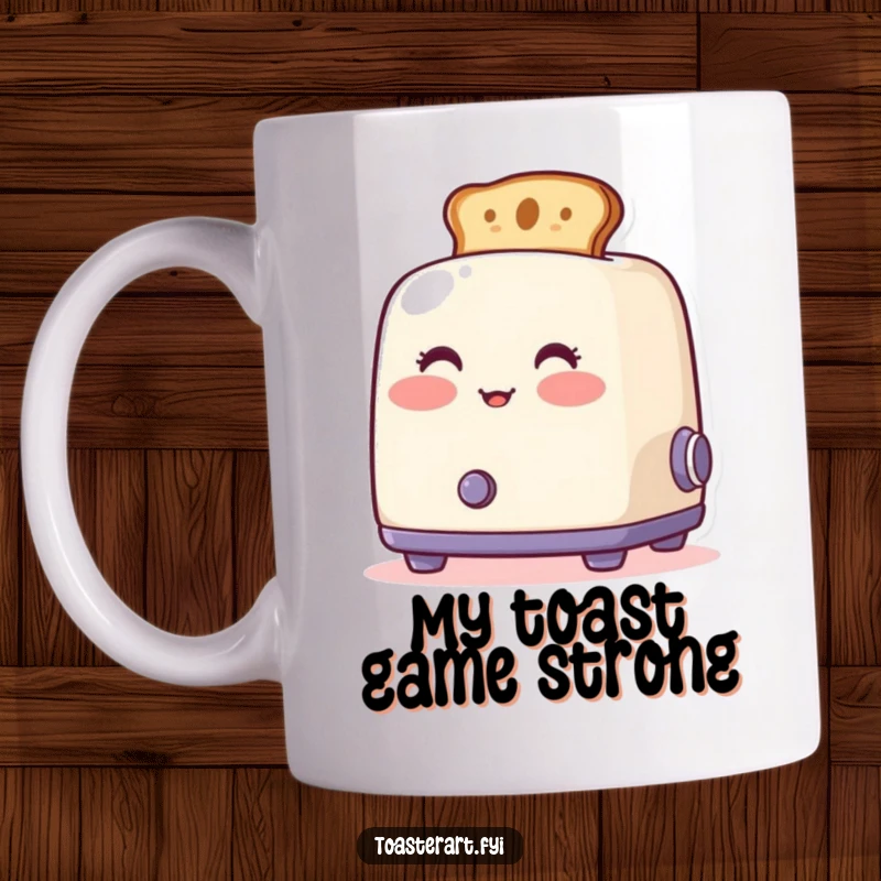 Funny blushing toaster mug with toast popping out artistically, a delightful and humorous breakfast companion gift.