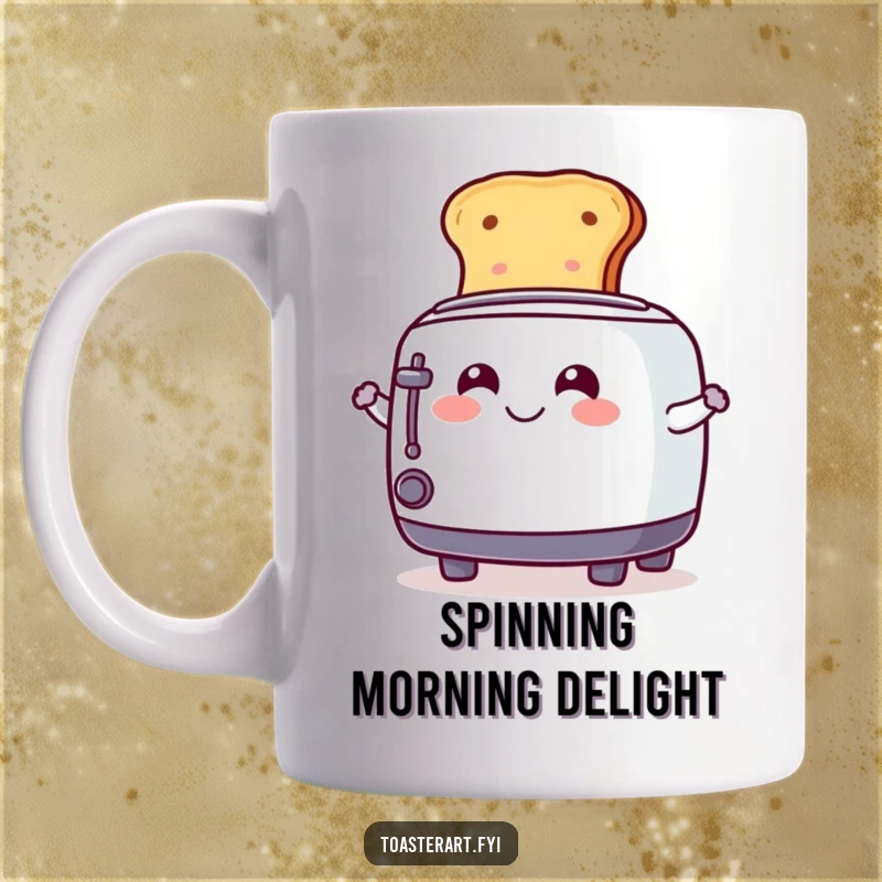 Funny Mug featuring a smiling toaster character playfully spinning a slice of toast with a mischievous and cheerful expression.