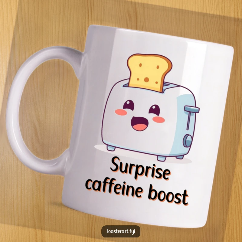 Funny Mug: A cheerful toaster character ejecting toast with a surprised expression, perfect for breakfast humor.