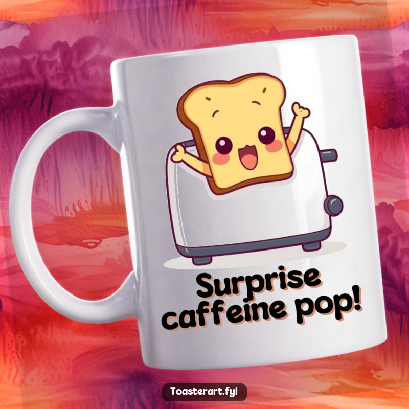 Funny mug featuring a startled toast character comically leaping out of a toaster. Captures a moment of breakfast drama.