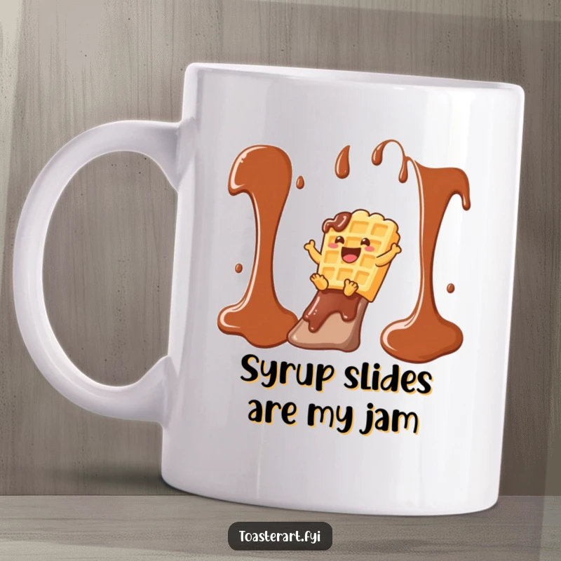 Funny waffle character joyfully sliding down a sticky chocolate syrup slide on this mug, a sweet and hilarious breakfast scene.