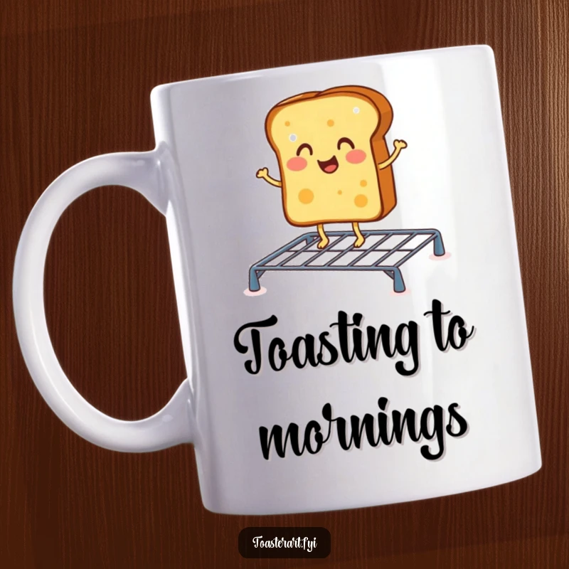 Funny mug featuring a cheerful toast character doing a little jig on a toasting rack, celebrating morning joy.