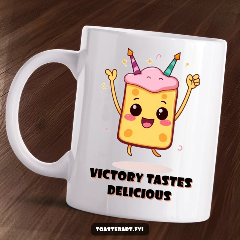 Funny jumping toast character mug, striking a celebratory pose with joyful energy.