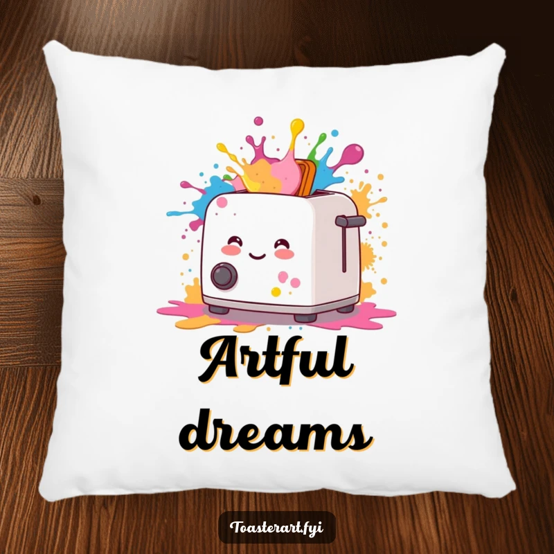 Funny pillow design of a happy toaster artistically splattering colorful paint, perfect for relaxing with art.