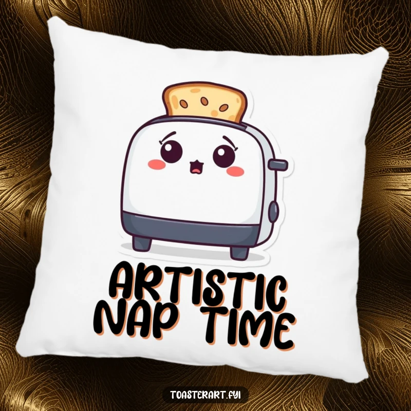 Funny, surprised toaster character gazing at toast art on a soft pillow, adding humorous comfort and artistic inspiration.