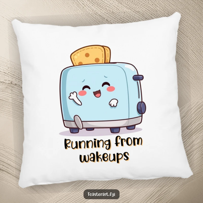 Funny pillow with a happy crumb character comically running from an animated toaster, offering cozy comfort and breakfast chaos.