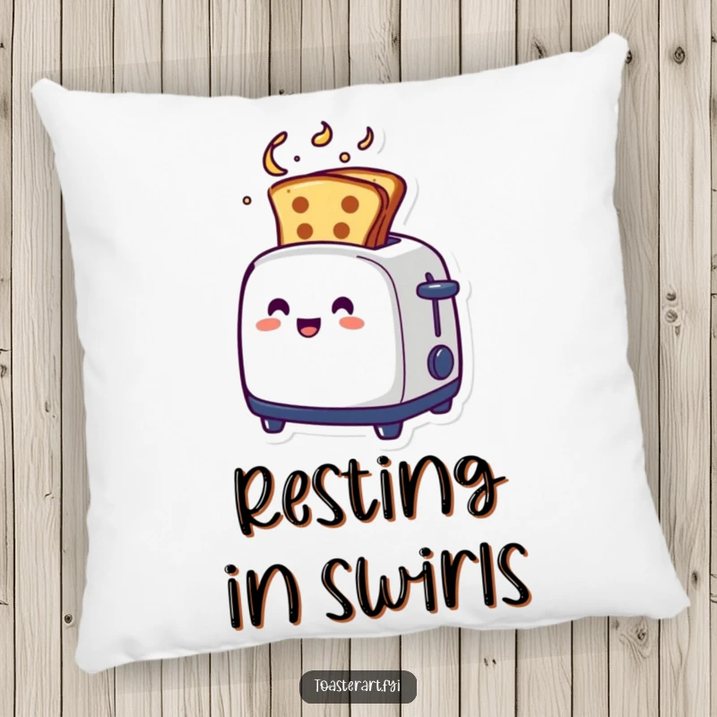 Funny artistic toaster pillow, with toast emerging in a swirl, a soft and humorous accent.