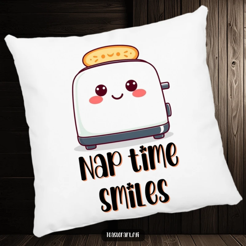 Funny cheerful toaster pillow, with toast creating smiley patterns, a soft and humorous accent.