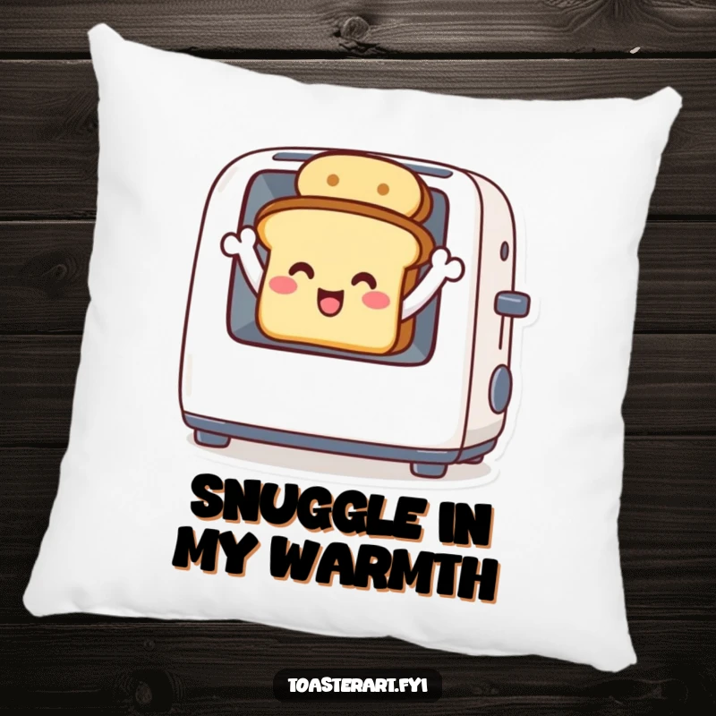 Funny pillow featuring a delighted toast character waving from inside a toaster, soft and cheerful home accent.