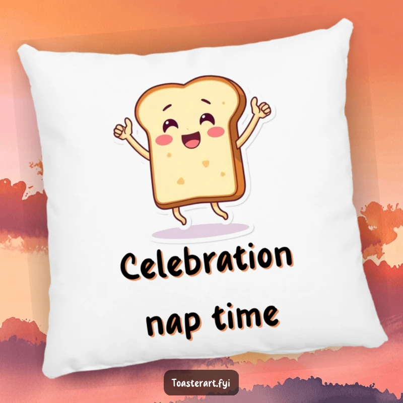 Funny pillow featuring a thrilled bread slice character doing a victory dance, soft and celebratory home decor.