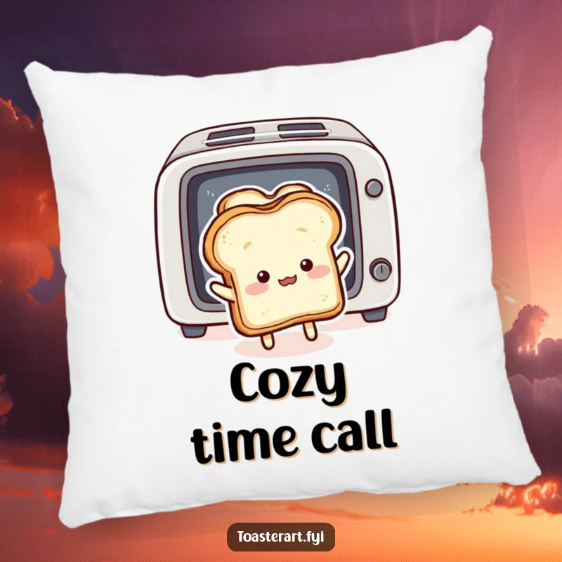 Funny Pillow: Fluffy bread slice character comically pushes toast back into a toaster, a soft and humorous cushion.