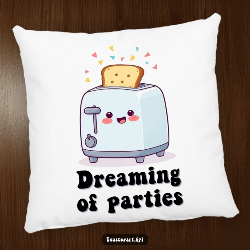 Funny pillow showcasing a happy toaster character ejecting toast with confetti, offering cozy celebration and humor.