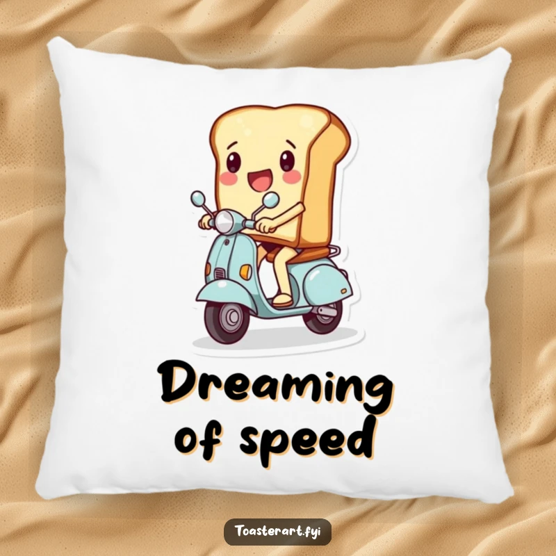 Funny pillow featuring a slice of toast character joyfully riding a miniature scooter, offering comfort and a dynamic, humorous theme.