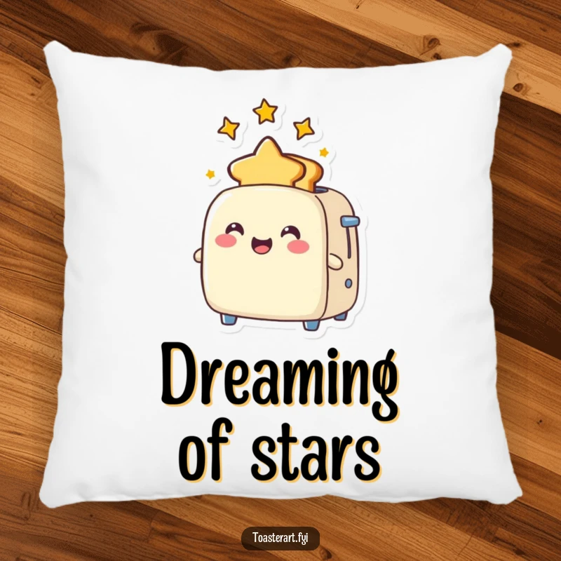 Funny Pillow showcasing a joyful toaster character popping out star-shaped toast, offering comfort and a sprinkle of magic.