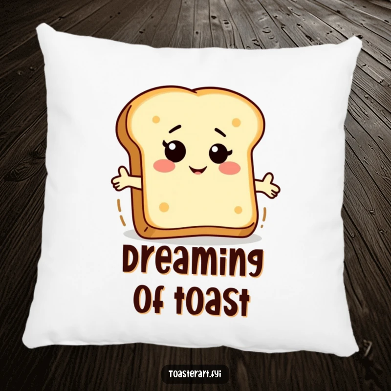 Funny bread slice pillow featuring a winking character riding a piece of toast, perfect for adding comfort and a humorous breakfast touch.