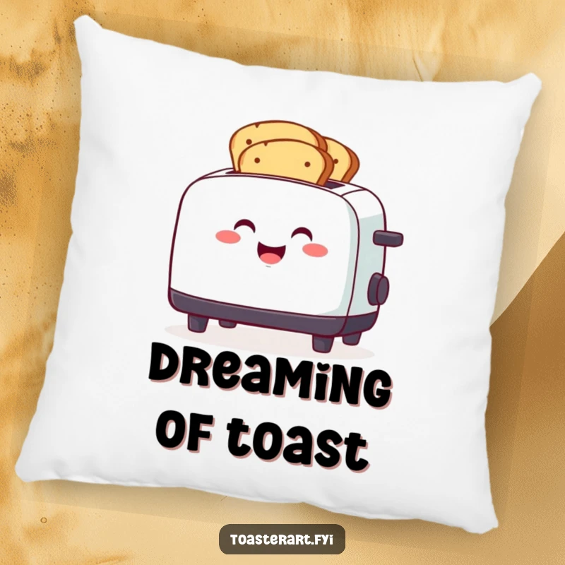 Funny smiling toaster character toasting bread slices, a soft and funny kitchen pillow.