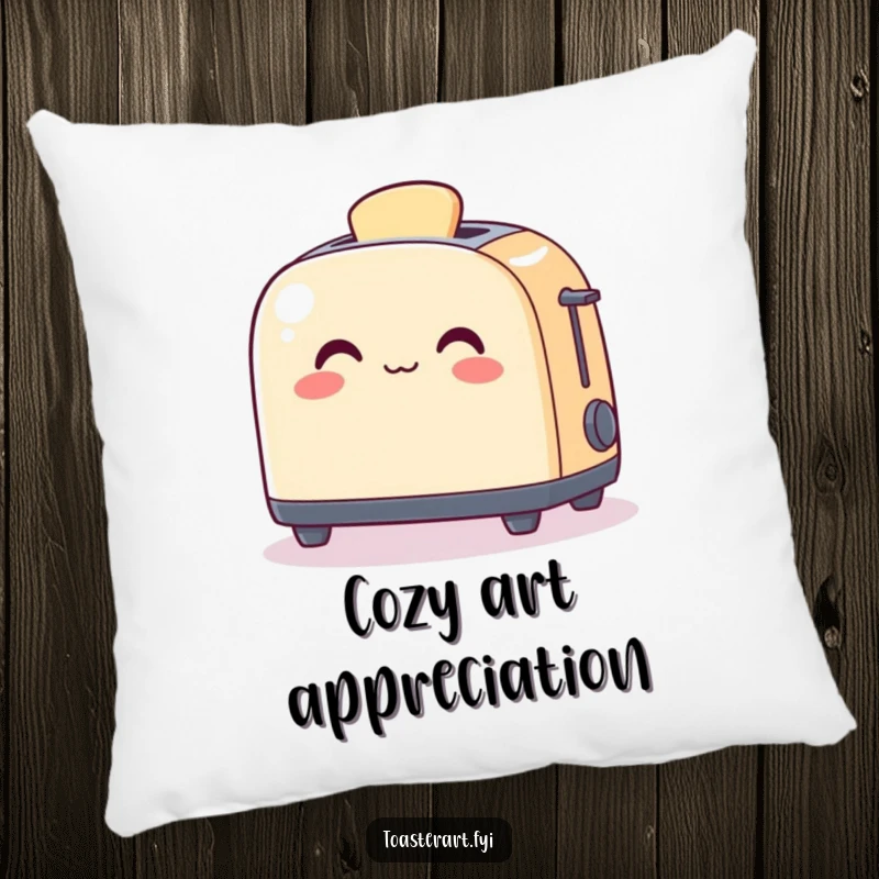 Funny Pillow showing a happy toaster character gently warming a piece of art, offering comfort and humor.