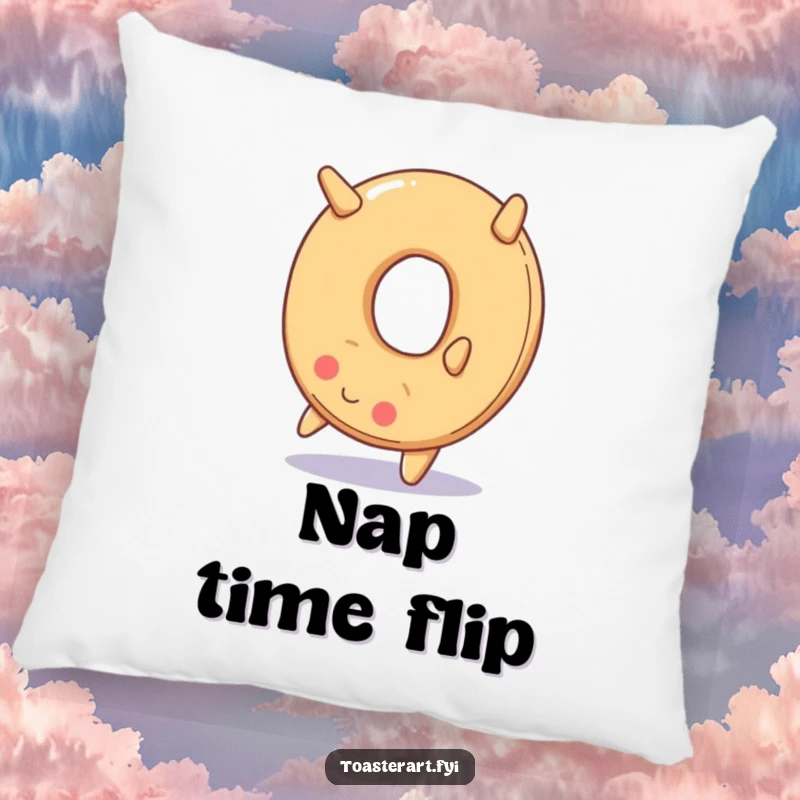 Funny pillow featuring a smiling bagel in a backward somersault pose, providing comfort and a humorous, food-themed decorative accent.