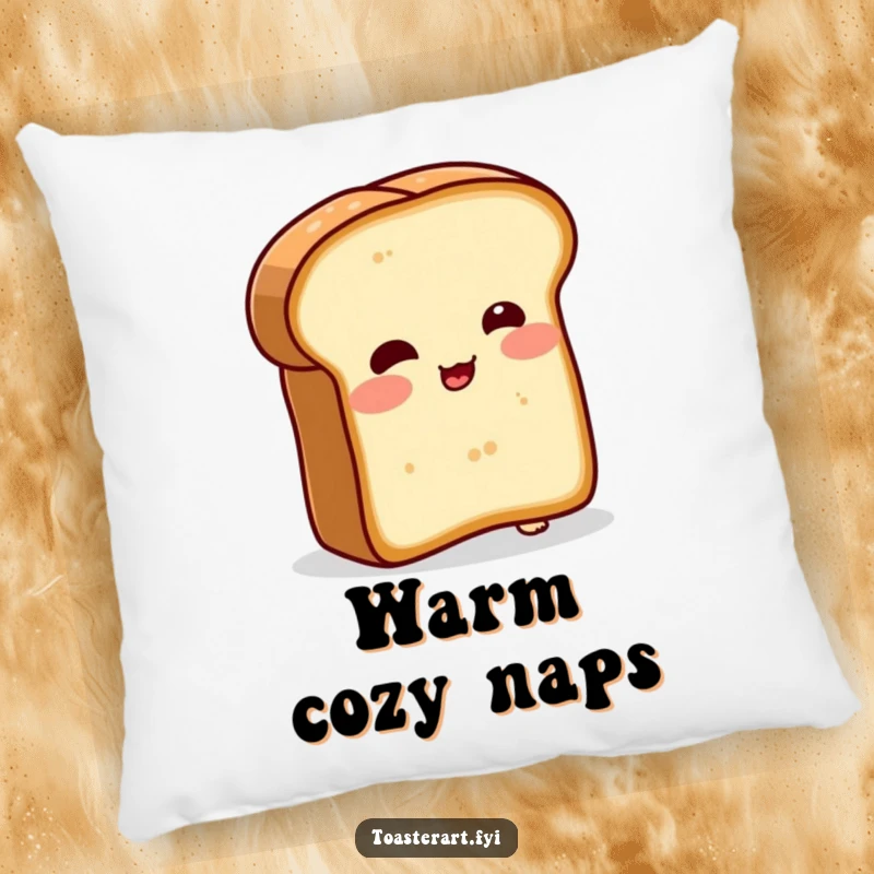 Funny pillow with a blushing bread slice character comically trying to toast itself. Soft, comfortable, and humorous decor.