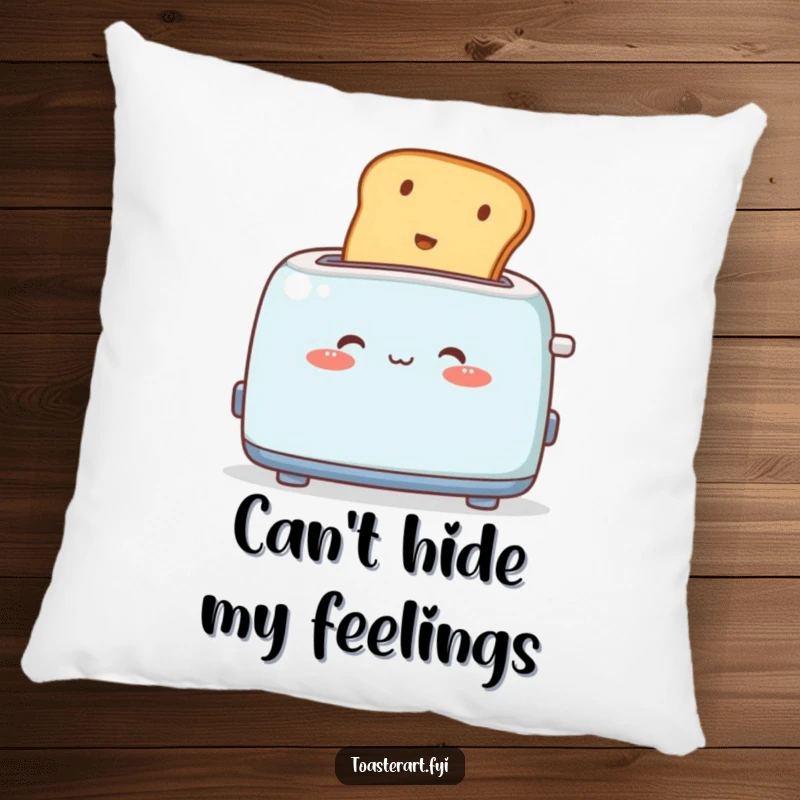 Funny Pillow: A cute toaster character blushes deeply as toast pops out, a soft and humorous cushion.