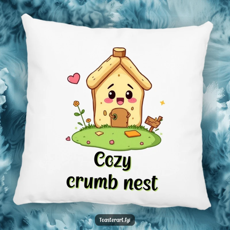 Funny pillow featuring a bread crumb character comically building a tiny house, offering comfort and a theme of miniature, humorous construction.
