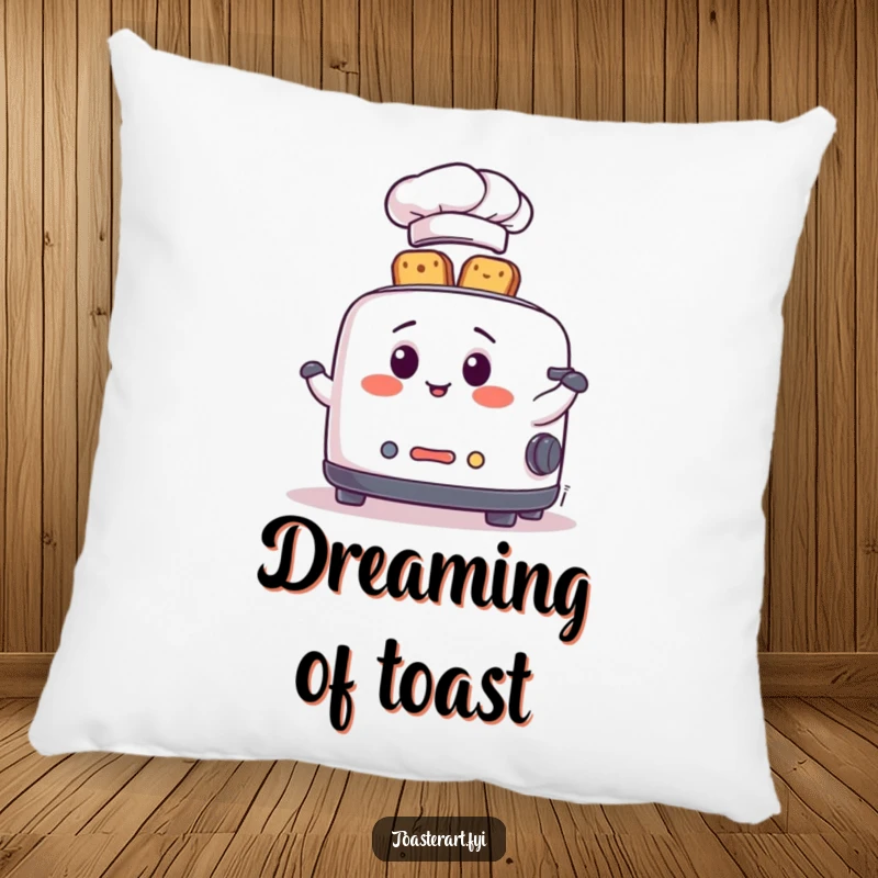 Funny Pillow showcasing a happy toaster chef in a hat, skillfully juggling toast slices, perfect for adding charm.
