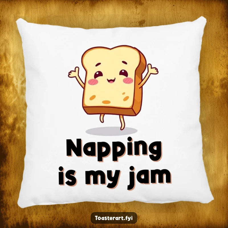 Funny pillow featuring a jovial toast slice in an excited dance, offering comfort and a burst of joyful energy.