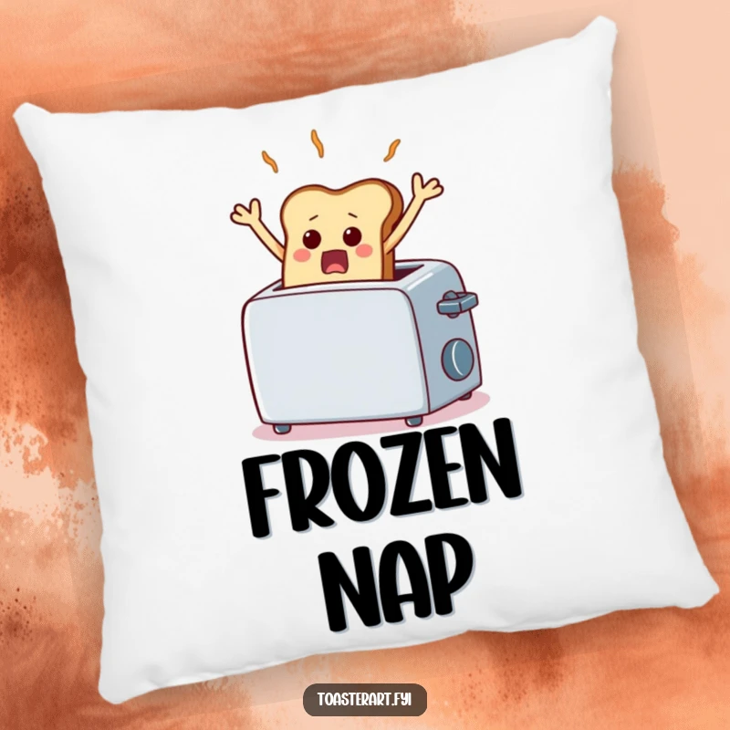 Funny pillow featuring a scared piece of toast comically frozen mid-air from a toaster, a cozy and humorous accent piece.