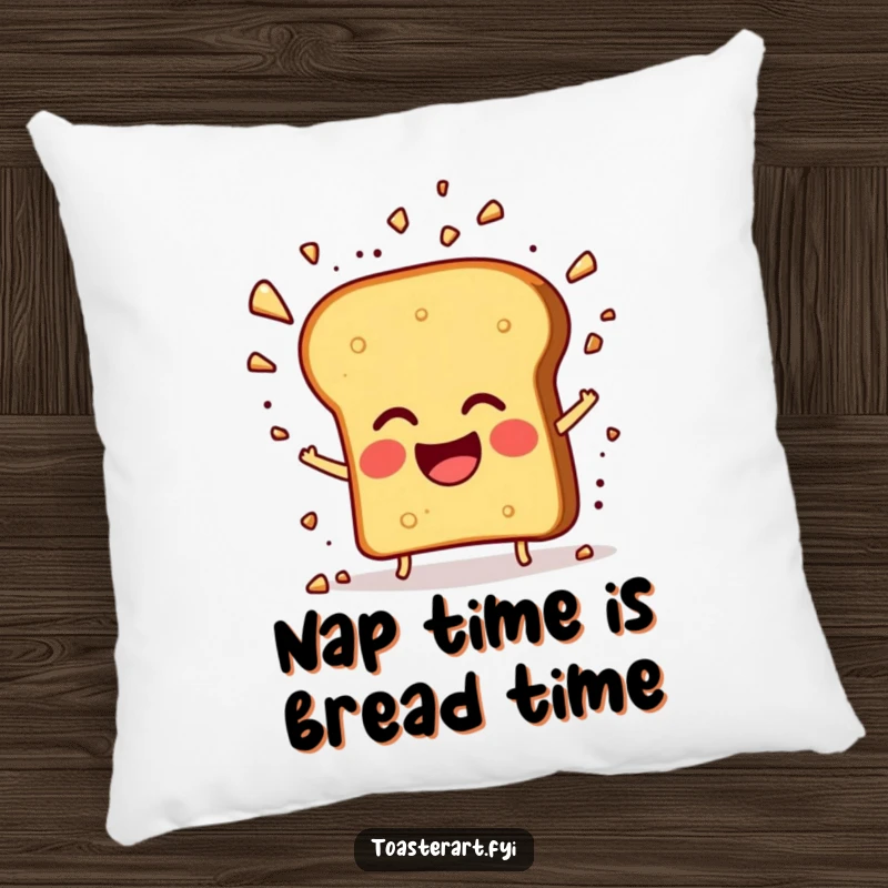 Funny pillow with a giggling toast character and a crumb explosion, offering comfort and humorous decor.