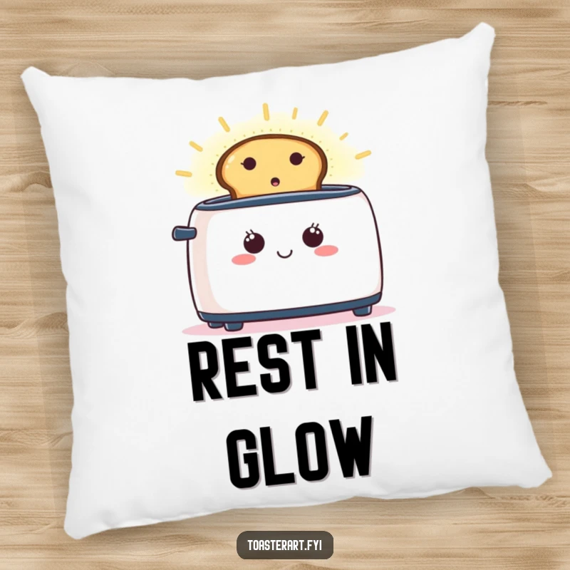 Funny pillow design of a happy toaster with toast creating a warm, glowing aura, perfect for relaxation.
