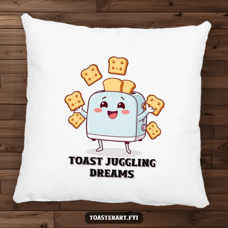 Funny pillow with a giggling toaster character juggling bread slices. Soft, comfortable, and humorous decor.