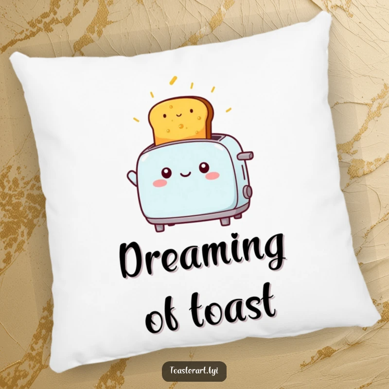 Funny kawaii toaster character launching golden toast, a soft and funny pillow.