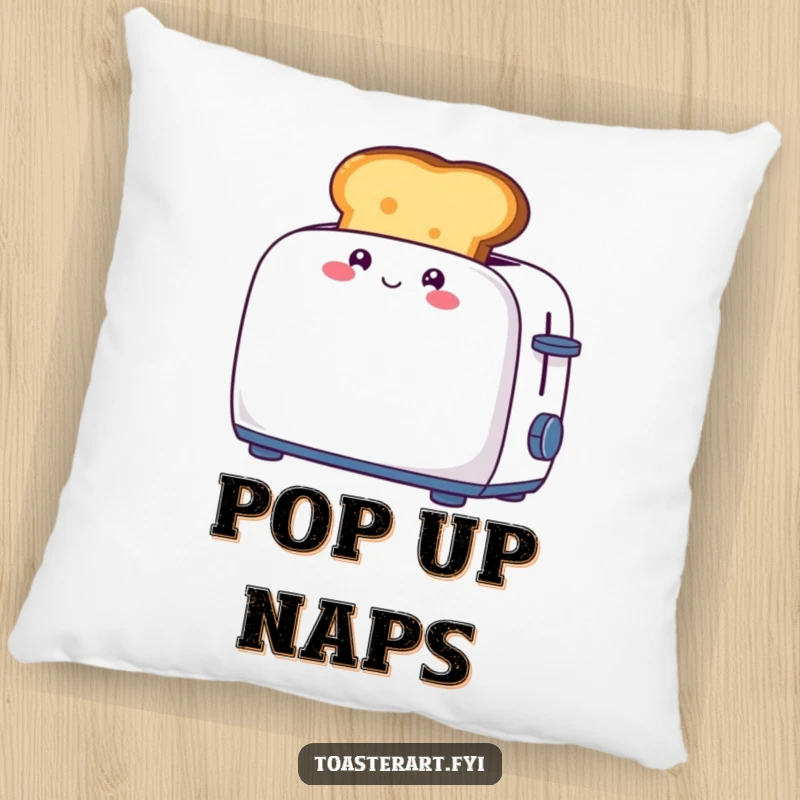 Funny pillow featuring a giggling piece of toast character popping out of a toaster, perfect for cozying up.