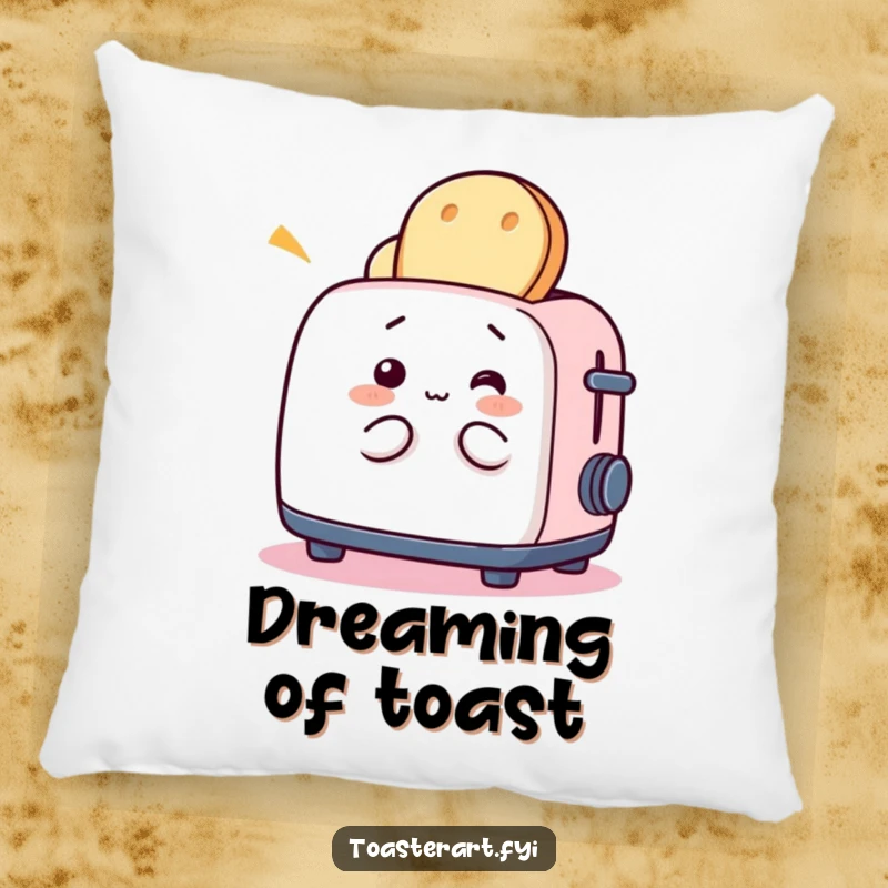 Funny pillow with a whimsical toaster character playing with bread, perfect for adding a cozy and humorous breakfast touch.