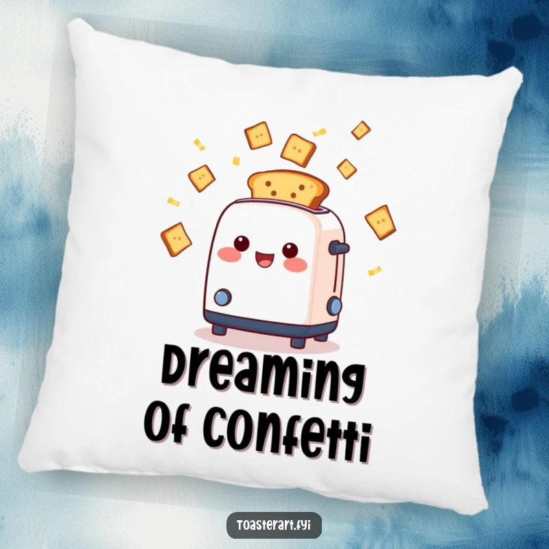 Funny toaster character ejecting toast slices like confetti, decorative pillow, adding cozy humor and party-themed fun.