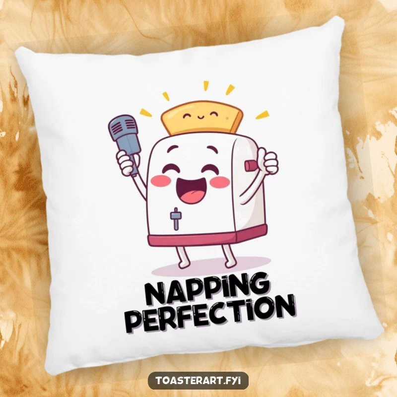 Funny, excited toaster character in a mic drop pose with toast, depicted on a soft pillow, adding humorous comfort and motivation.