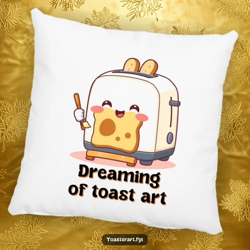Funny pillow with a happy toaster artistically painting with toast, offering comfort and a humorous, art-themed decorative accent.